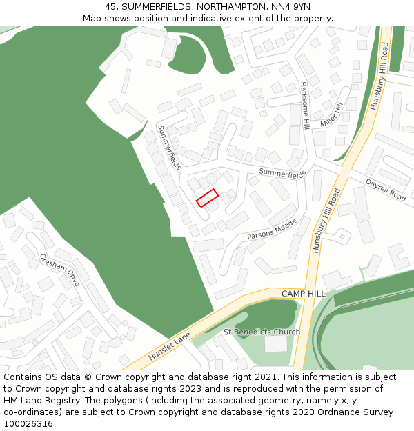 45, SUMMERFIELDS, NORTHAMPTON, NN4 9YN: Location map and indicative extent of plot
