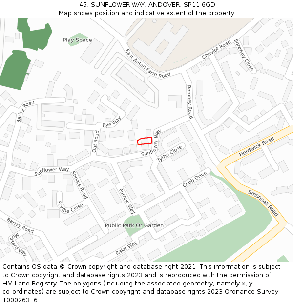 45, SUNFLOWER WAY, ANDOVER, SP11 6GD: Location map and indicative extent of plot