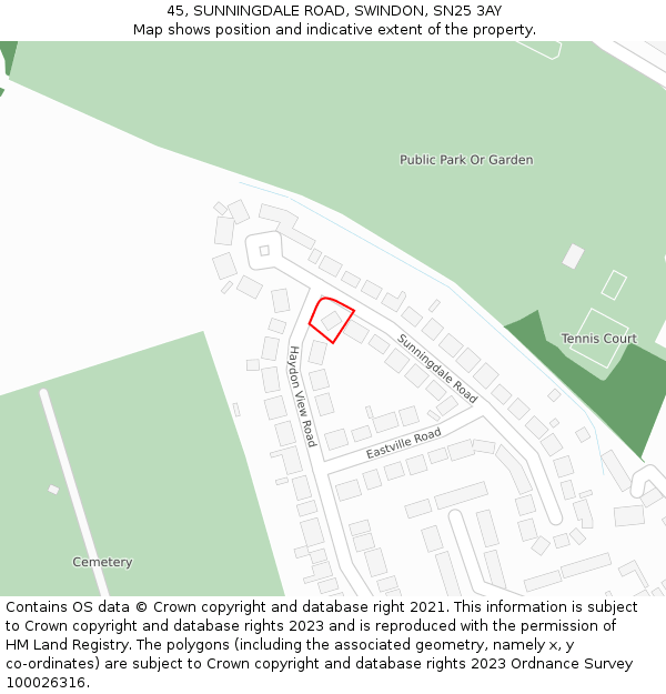 45, SUNNINGDALE ROAD, SWINDON, SN25 3AY: Location map and indicative extent of plot