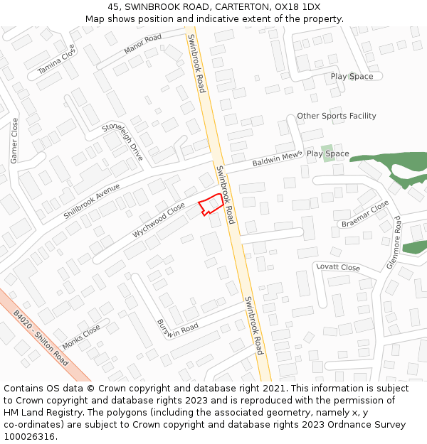 45, SWINBROOK ROAD, CARTERTON, OX18 1DX: Location map and indicative extent of plot