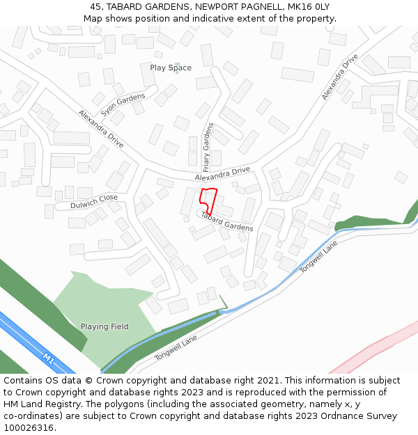 45, TABARD GARDENS, NEWPORT PAGNELL, MK16 0LY: Location map and indicative extent of plot