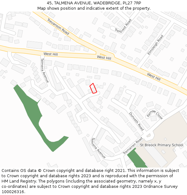 45, TALMENA AVENUE, WADEBRIDGE, PL27 7RP: Location map and indicative extent of plot