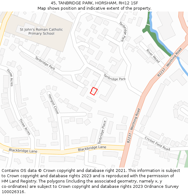 45, TANBRIDGE PARK, HORSHAM, RH12 1SF: Location map and indicative extent of plot