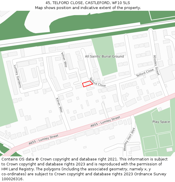 45, TELFORD CLOSE, CASTLEFORD, WF10 5LS: Location map and indicative extent of plot