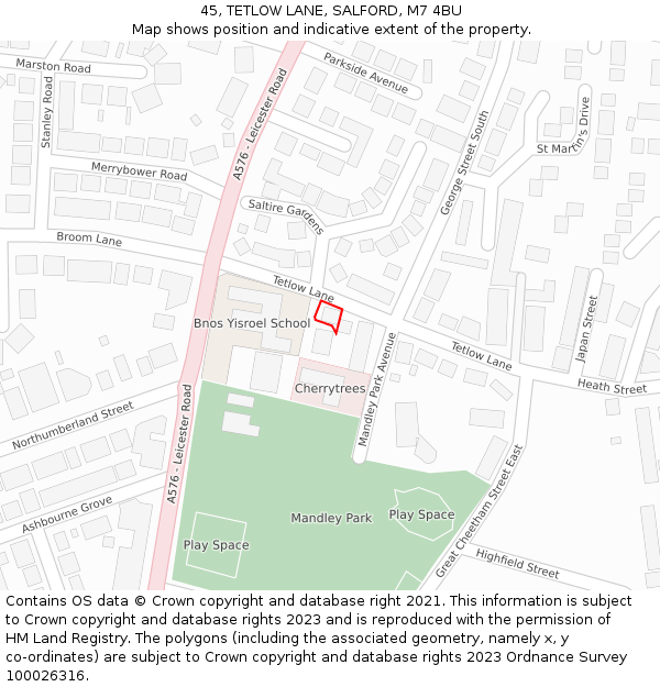 45, TETLOW LANE, SALFORD, M7 4BU: Location map and indicative extent of plot