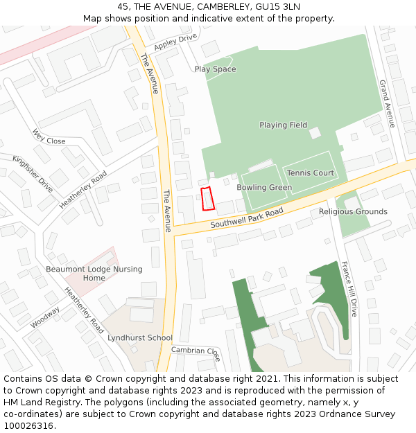 45, THE AVENUE, CAMBERLEY, GU15 3LN: Location map and indicative extent of plot