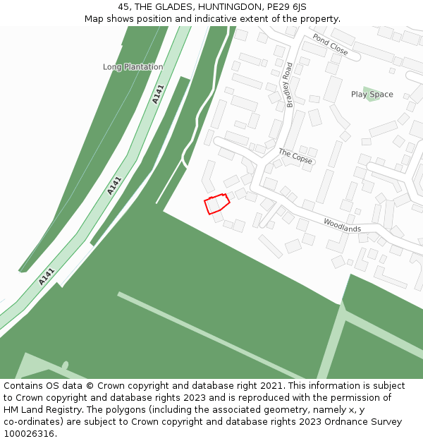 45, THE GLADES, HUNTINGDON, PE29 6JS: Location map and indicative extent of plot