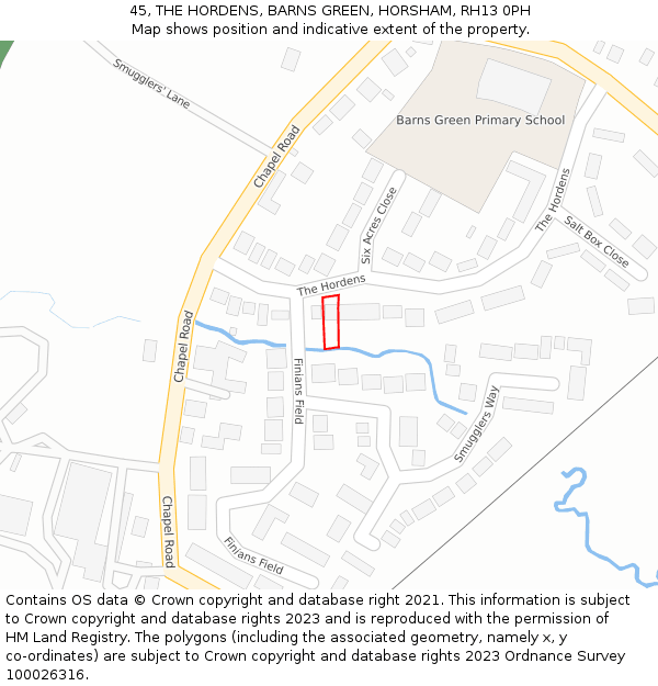 45, THE HORDENS, BARNS GREEN, HORSHAM, RH13 0PH: Location map and indicative extent of plot