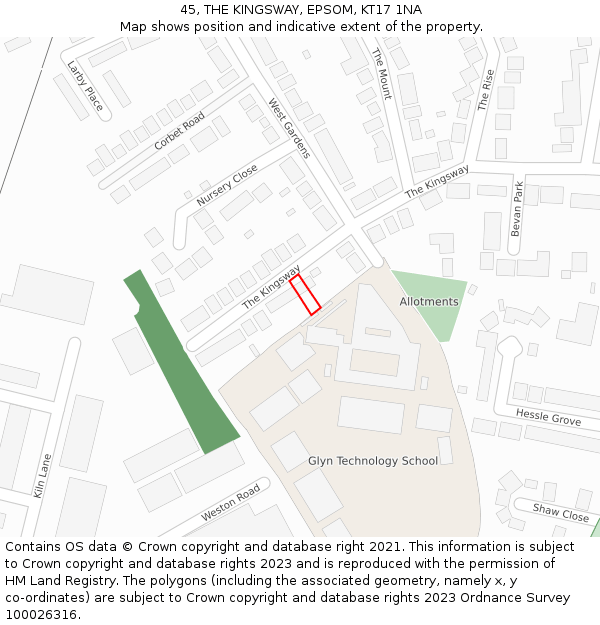 45, THE KINGSWAY, EPSOM, KT17 1NA: Location map and indicative extent of plot