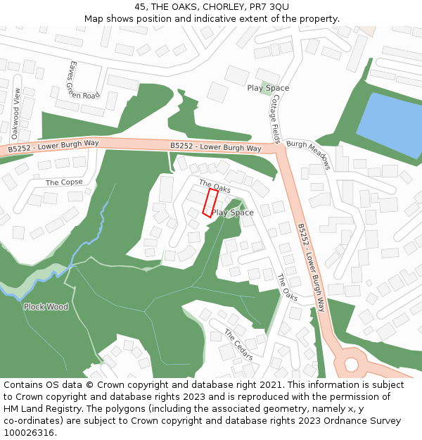 45, THE OAKS, CHORLEY, PR7 3QU: Location map and indicative extent of plot