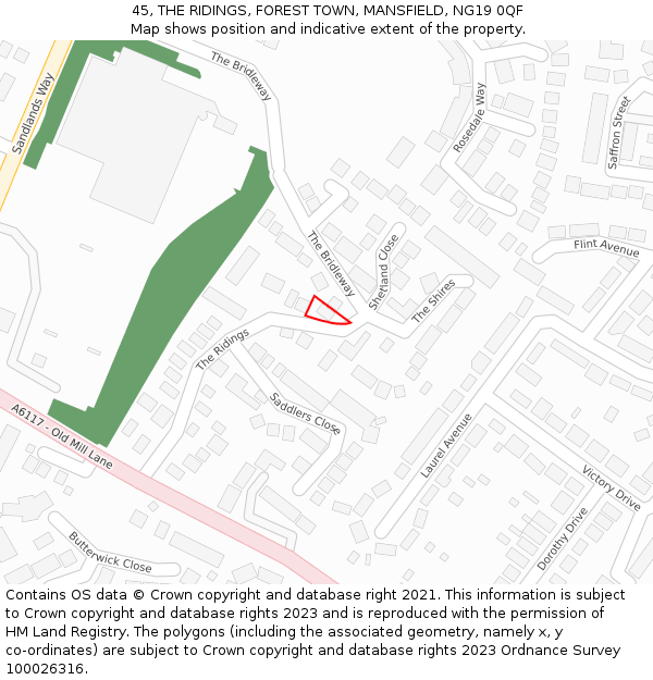 45, THE RIDINGS, FOREST TOWN, MANSFIELD, NG19 0QF: Location map and indicative extent of plot