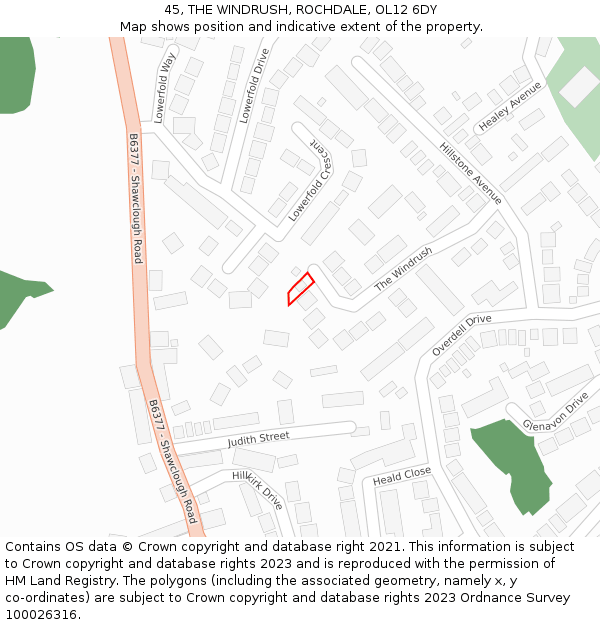 45, THE WINDRUSH, ROCHDALE, OL12 6DY: Location map and indicative extent of plot