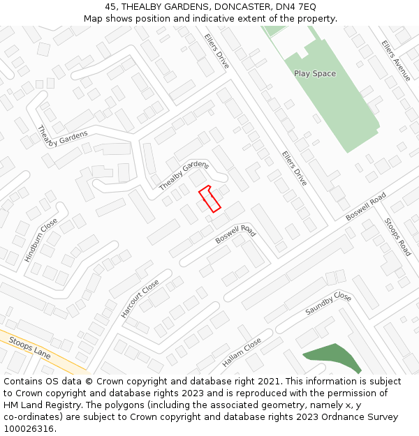 45, THEALBY GARDENS, DONCASTER, DN4 7EQ: Location map and indicative extent of plot