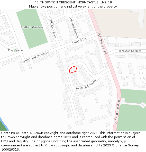 45, THORNTON CRESCENT, HORNCASTLE, LN9 6JP: Location map and indicative extent of plot