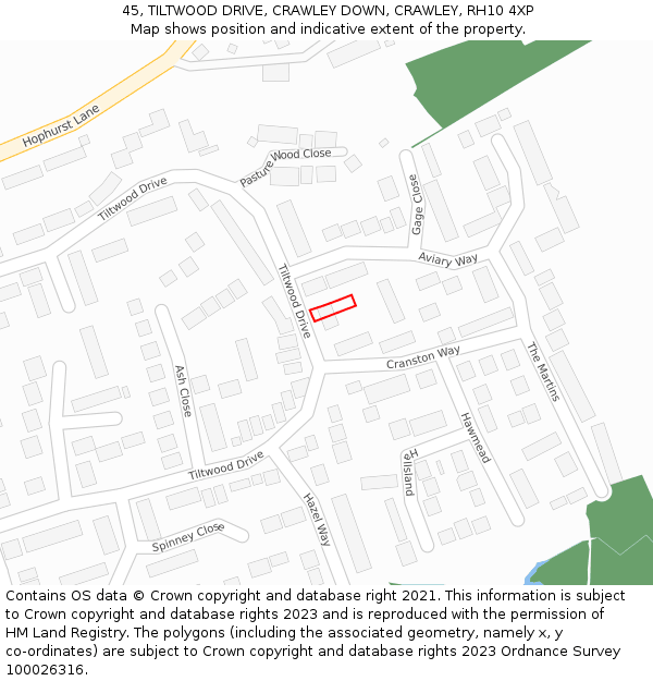 45, TILTWOOD DRIVE, CRAWLEY DOWN, CRAWLEY, RH10 4XP: Location map and indicative extent of plot