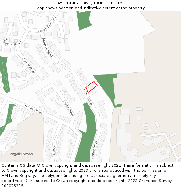 45, TINNEY DRIVE, TRURO, TR1 1AT: Location map and indicative extent of plot