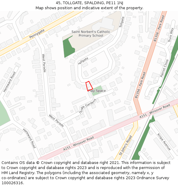 45, TOLLGATE, SPALDING, PE11 1NJ: Location map and indicative extent of plot