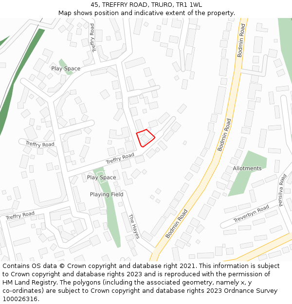 45, TREFFRY ROAD, TRURO, TR1 1WL: Location map and indicative extent of plot