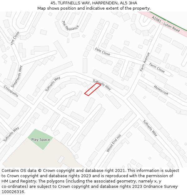 45, TUFFNELLS WAY, HARPENDEN, AL5 3HA: Location map and indicative extent of plot