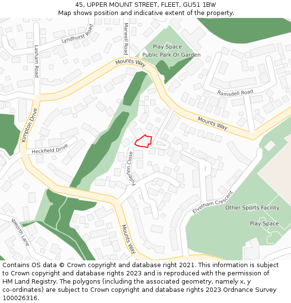 45, UPPER MOUNT STREET, FLEET, GU51 1BW: Location map and indicative extent of plot