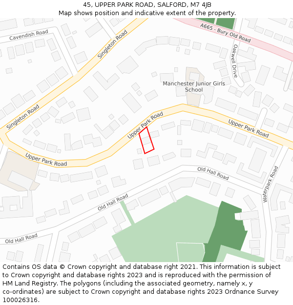 45, UPPER PARK ROAD, SALFORD, M7 4JB: Location map and indicative extent of plot