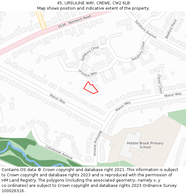 45, URSULINE WAY, CREWE, CW2 6LB: Location map and indicative extent of plot