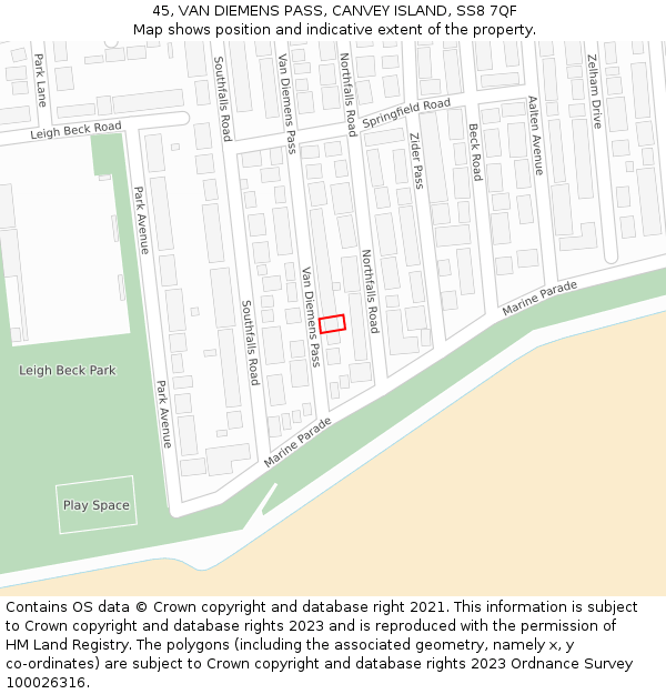 45, VAN DIEMENS PASS, CANVEY ISLAND, SS8 7QF: Location map and indicative extent of plot