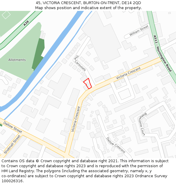 45, VICTORIA CRESCENT, BURTON-ON-TRENT, DE14 2QD: Location map and indicative extent of plot