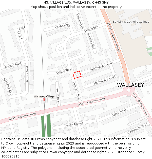 45, VILLAGE WAY, WALLASEY, CH45 3NY: Location map and indicative extent of plot