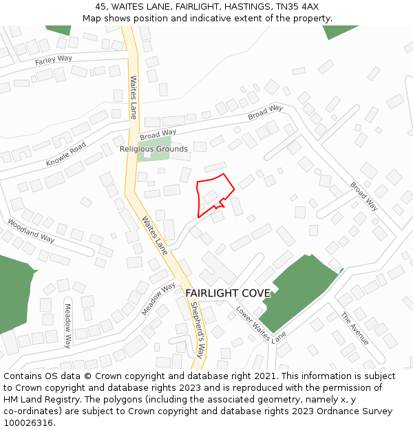 45, WAITES LANE, FAIRLIGHT, HASTINGS, TN35 4AX: Location map and indicative extent of plot