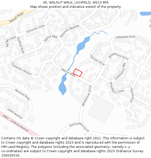 45, WALNUT WALK, LICHFIELD, WS13 8FA: Location map and indicative extent of plot