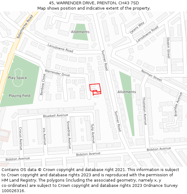 45, WARRENDER DRIVE, PRENTON, CH43 7SD: Location map and indicative extent of plot