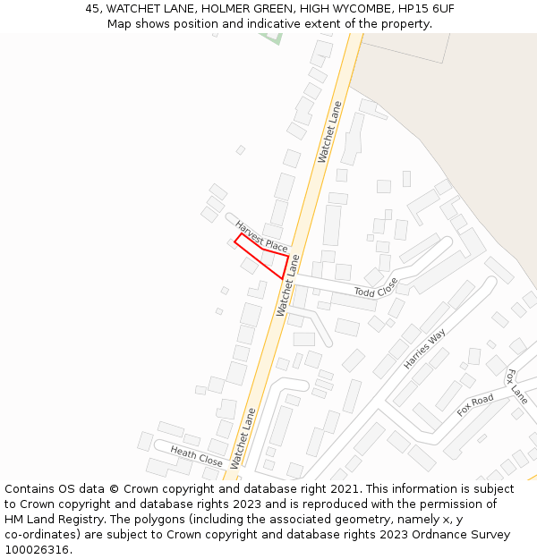 45, WATCHET LANE, HOLMER GREEN, HIGH WYCOMBE, HP15 6UF: Location map and indicative extent of plot