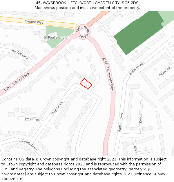 45, WAYSBROOK, LETCHWORTH GARDEN CITY, SG6 2DS: Location map and indicative extent of plot