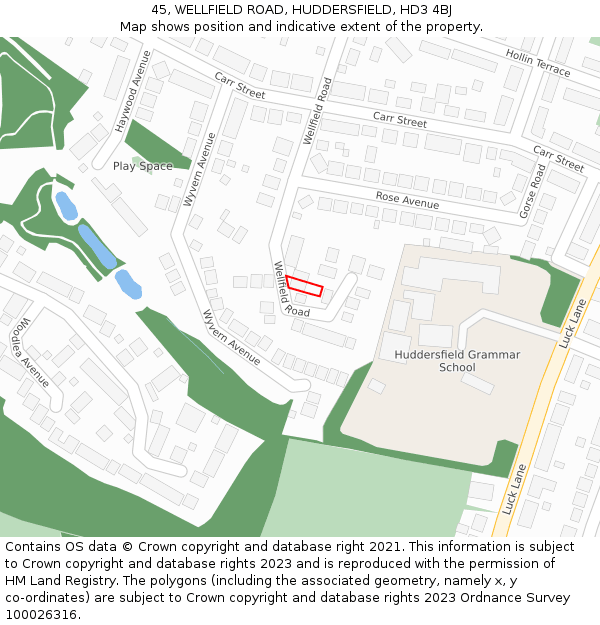 45, WELLFIELD ROAD, HUDDERSFIELD, HD3 4BJ: Location map and indicative extent of plot