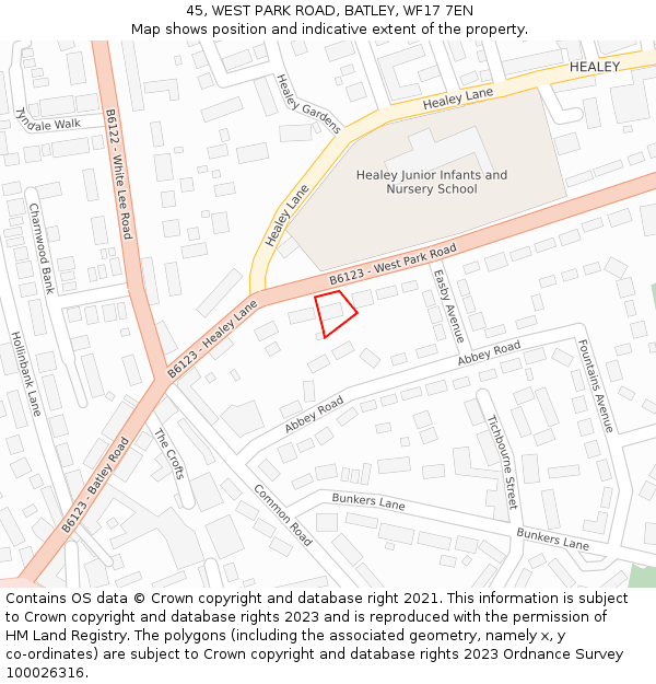 45, WEST PARK ROAD, BATLEY, WF17 7EN: Location map and indicative extent of plot