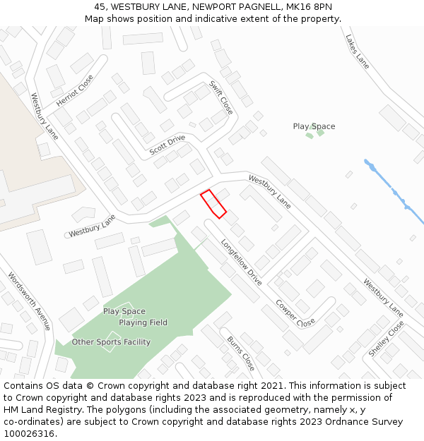 45, WESTBURY LANE, NEWPORT PAGNELL, MK16 8PN: Location map and indicative extent of plot