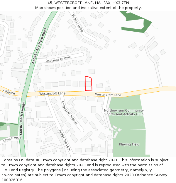 45, WESTERCROFT LANE, HALIFAX, HX3 7EN: Location map and indicative extent of plot