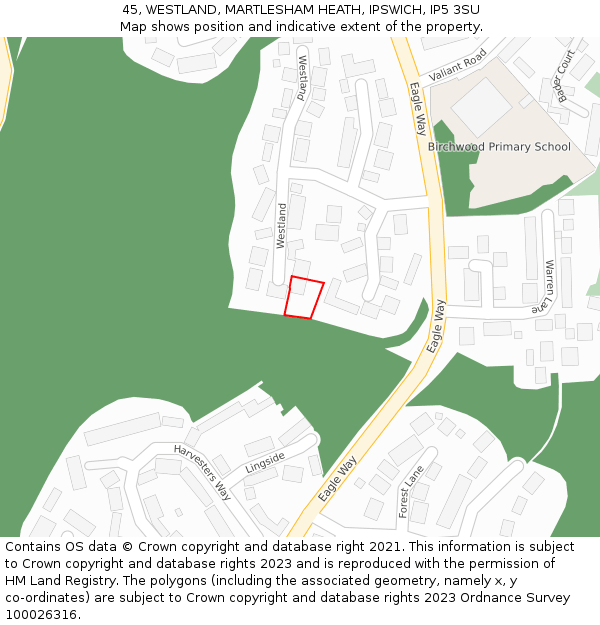 45, WESTLAND, MARTLESHAM HEATH, IPSWICH, IP5 3SU: Location map and indicative extent of plot