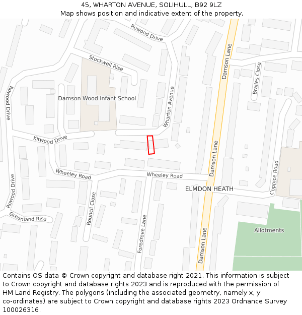 45, WHARTON AVENUE, SOLIHULL, B92 9LZ: Location map and indicative extent of plot