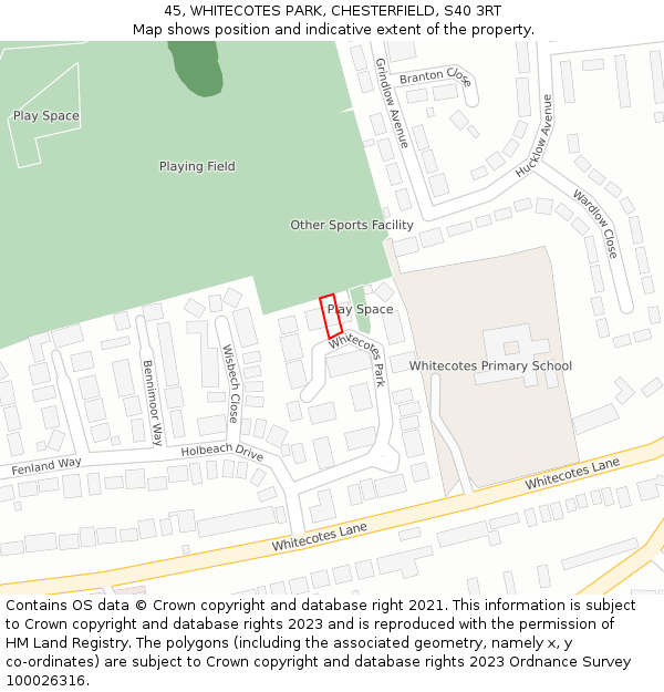 45, WHITECOTES PARK, CHESTERFIELD, S40 3RT: Location map and indicative extent of plot