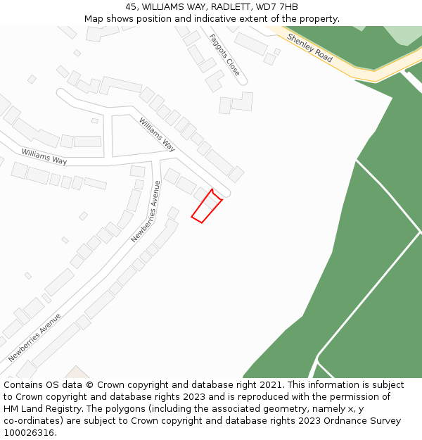 45, WILLIAMS WAY, RADLETT, WD7 7HB: Location map and indicative extent of plot