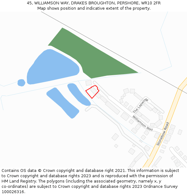 45, WILLIAMSON WAY, DRAKES BROUGHTON, PERSHORE, WR10 2FR: Location map and indicative extent of plot