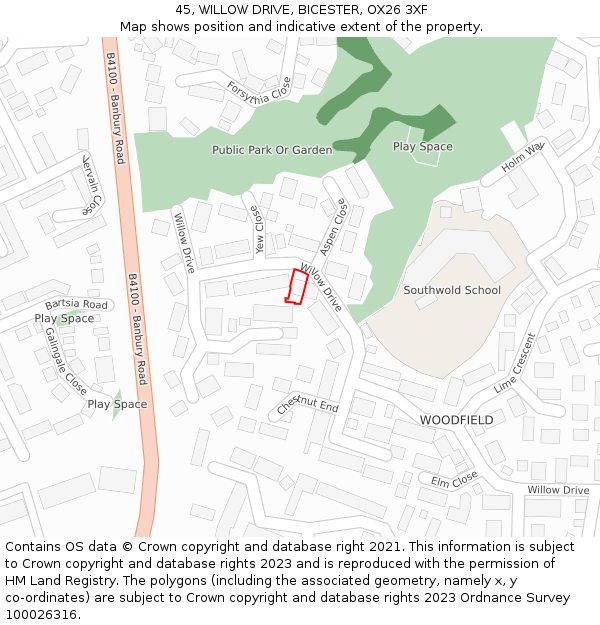 45, WILLOW DRIVE, BICESTER, OX26 3XF: Location map and indicative extent of plot