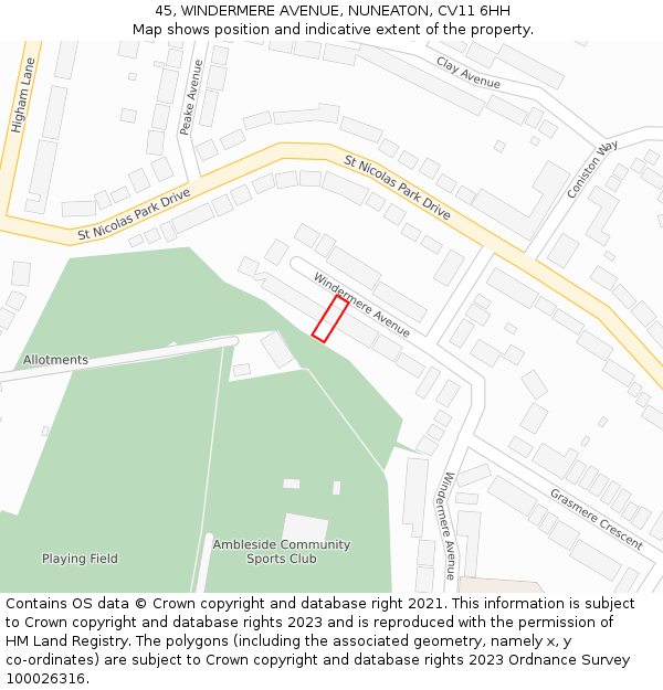 45, WINDERMERE AVENUE, NUNEATON, CV11 6HH: Location map and indicative extent of plot