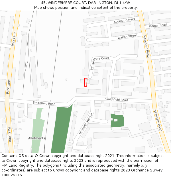 45, WINDERMERE COURT, DARLINGTON, DL1 4YW: Location map and indicative extent of plot