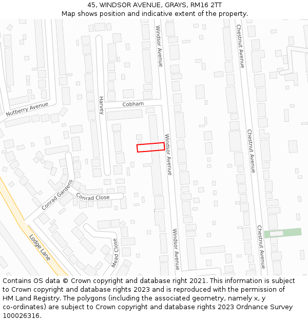 45, WINDSOR AVENUE, GRAYS, RM16 2TT: Location map and indicative extent of plot