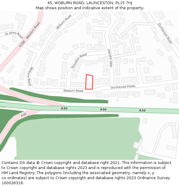 45, WOBURN ROAD, LAUNCESTON, PL15 7HJ: Location map and indicative extent of plot
