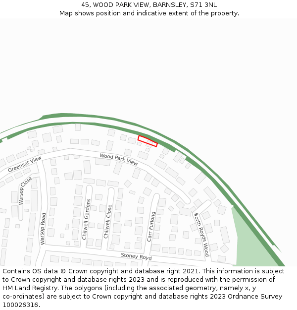 45, WOOD PARK VIEW, BARNSLEY, S71 3NL: Location map and indicative extent of plot