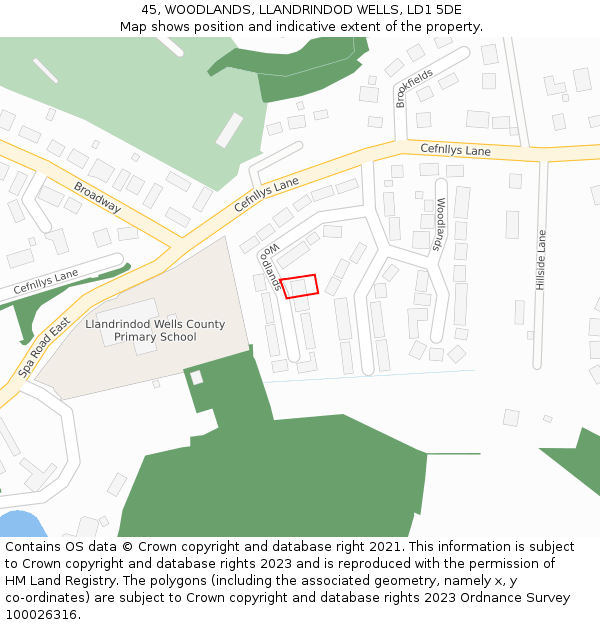 45, WOODLANDS, LLANDRINDOD WELLS, LD1 5DE: Location map and indicative extent of plot